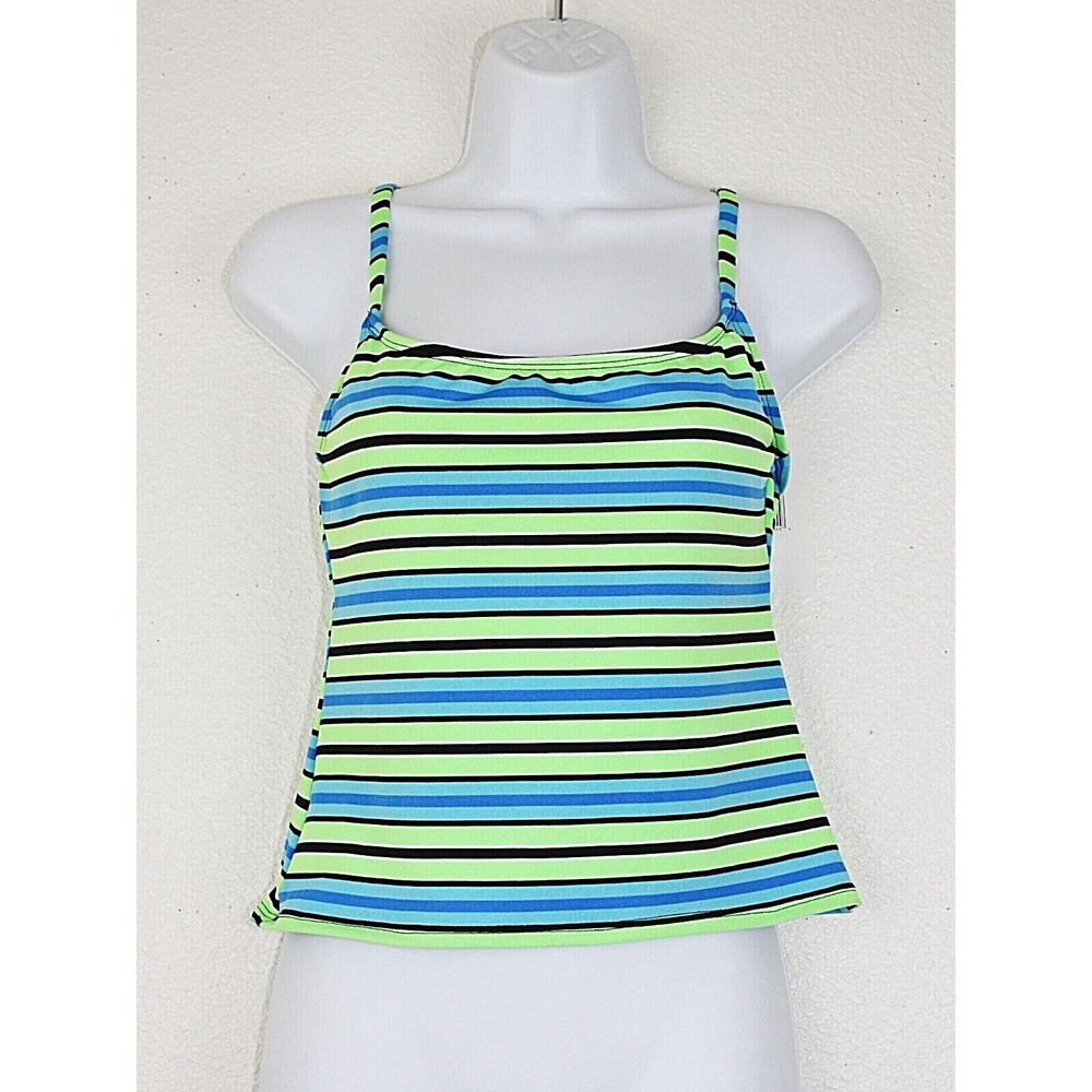NWT CATALINA Tankini Swimsuit Top Sz. 8 / 10 Green White Black Blue Stripes #02